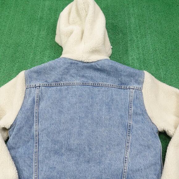 Levis Denim Trucker Jacket Womens Large Ex-Boyfriend Sherpa Sleeve Hood Premium - Picture 5 of 12